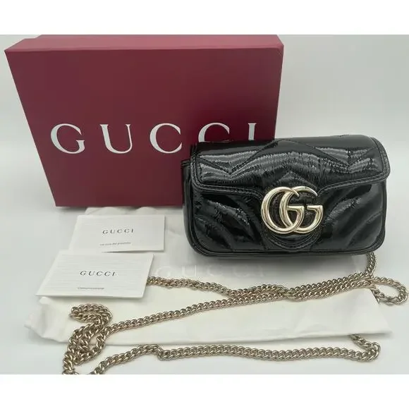 NEW!  GUCCI BLACK PATENT LEATHER MARMONT GG CROSSBODY BAG PURSE BOX AUTHENTIC - Picture 4 of 13
